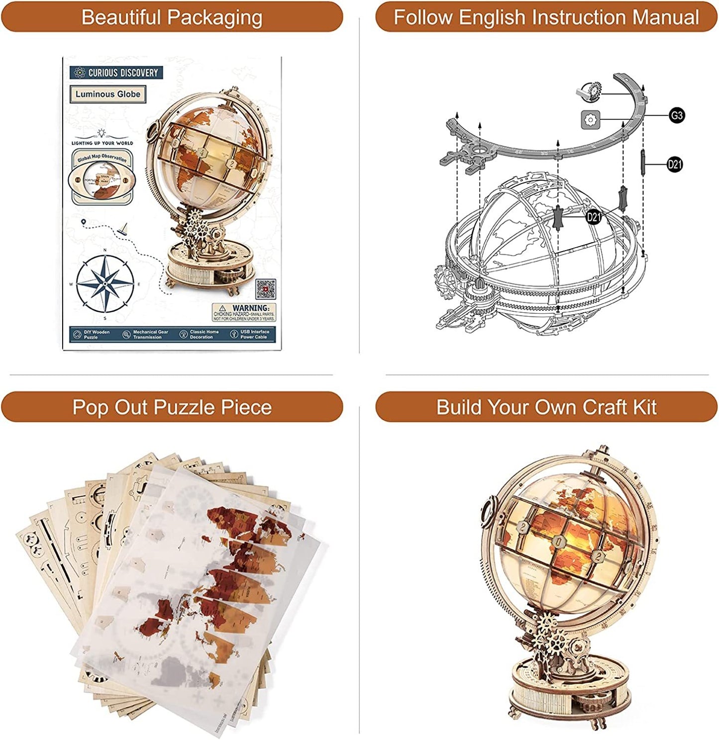 Wooden Globe Lamp 3D Puzzle Games for Birthday Gift for Kids Adults for Home Decor Building Blocks 3D