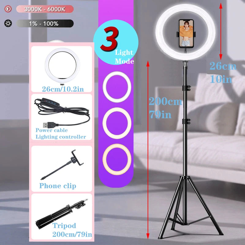 LED Selfie Ring Light with Tripod Stand – Dimmable Bi-Color 3200K-5600K
