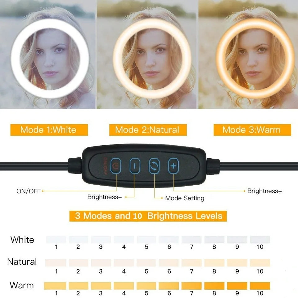 10" LED Selfie Ring Light Circle Fill Light Dimmable Round Lamp Tripod Trepied Makeup Photography RingLight Phone Stand Holder
