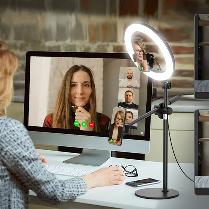 10" Selfie Ring Lights Overhead Desk Circle Tripod Adjustable Shooting Arm For Video Recording YouTube TikTok Live Streaming
