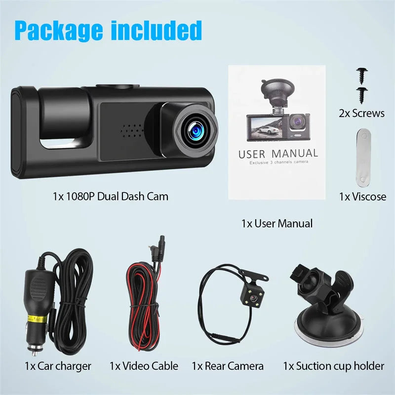 3-Channel Dash Cam with Front, Rear & Interior Recording