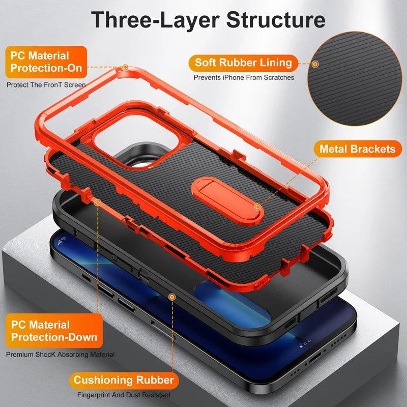 2024 Hybrid Military Grade Defender Protection Case for iPhone 16 15 14 Pro Max 13 12 11 XS XR X 8 7 6 Plus Kickstand Body Cover