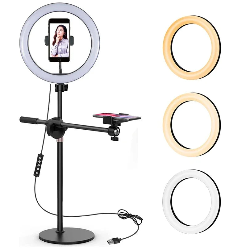 10" Selfie Ring Lights Overhead Desk Circle Tripod Adjustable Shooting Arm For Video Recording YouTube TikTok Live Streaming