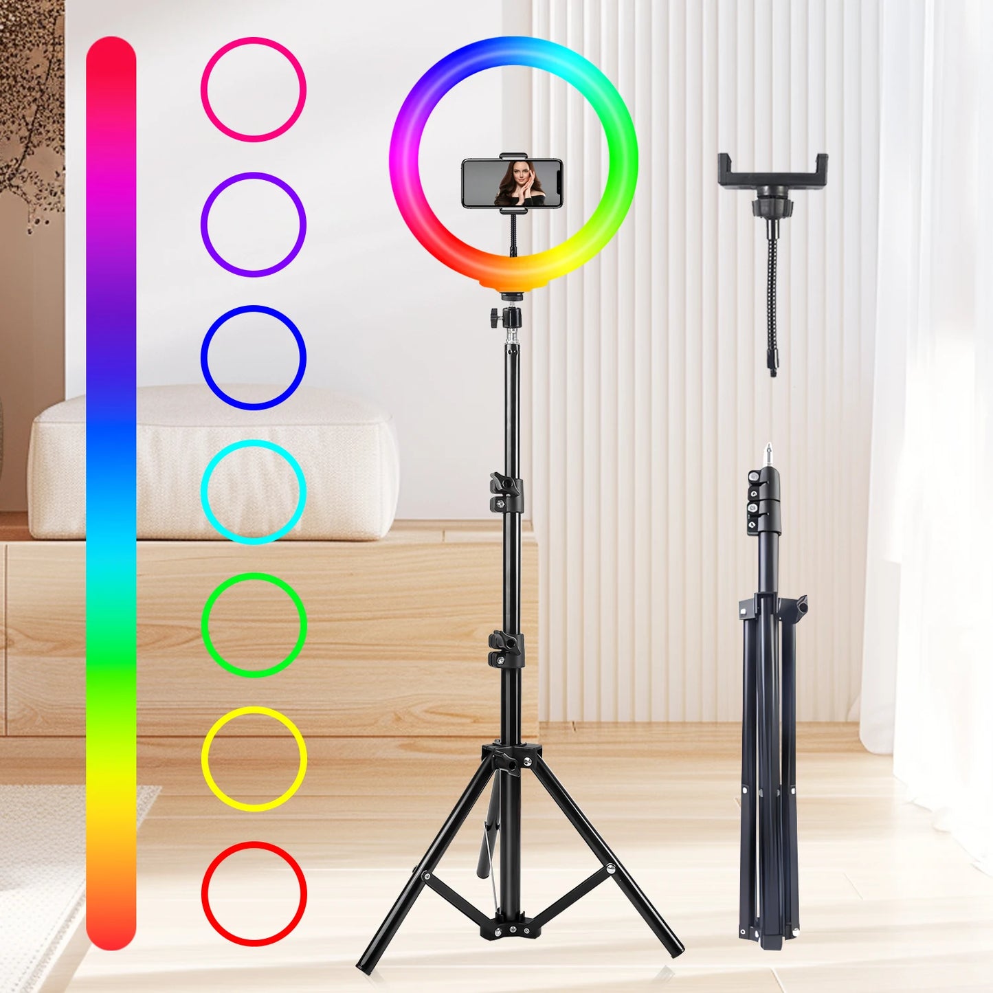 10 Inch RGB Ring Light, Color Temperature Dimmer Control, USB Power Supply, with Tripod and Phone Clip for Photo Selfie, Video