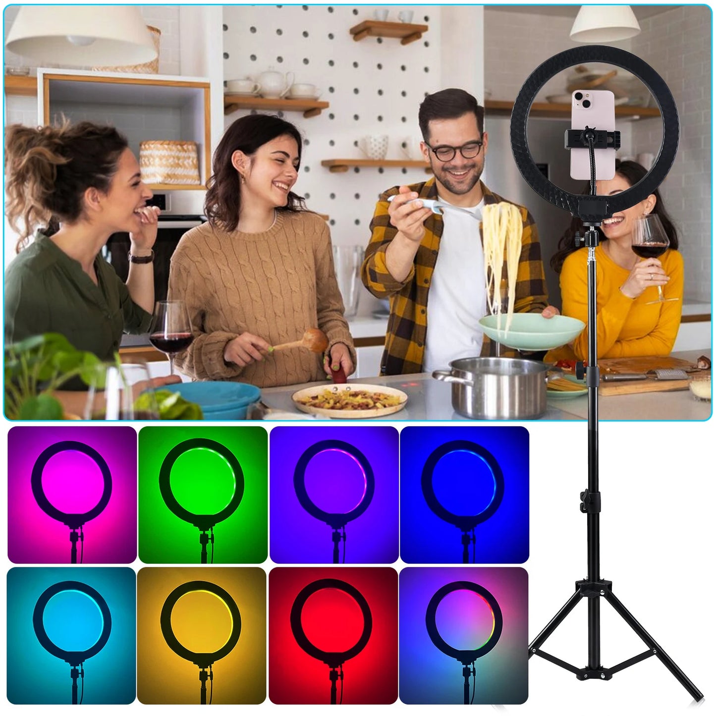 10 Inch RGB Ring Light, Color Temperature Dimmer Control, USB Power Supply, with Tripod and Phone Clip for Photo Selfie, Video