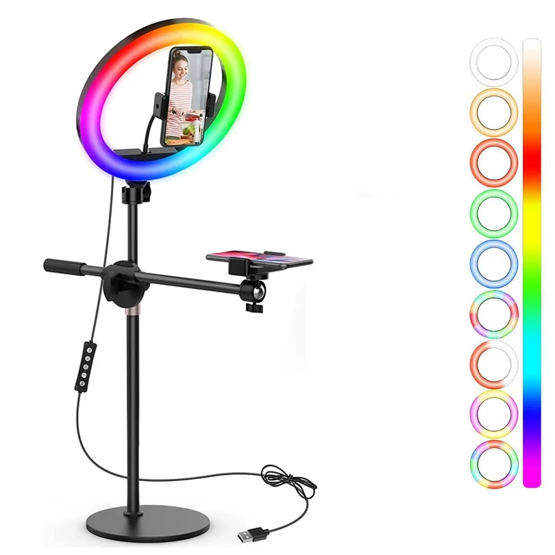 10" Selfie Ring Lights Overhead Desk Circle Tripod Adjustable Shooting Arm For Video Recording YouTube TikTok Live Streaming