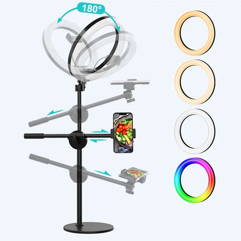 10" Selfie Ring Lights Overhead Desk Circle Tripod Adjustable Shooting Arm For Video Recording YouTube TikTok Live Streaming
