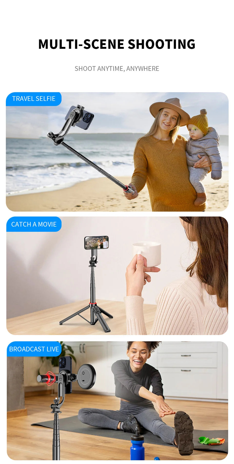 FANGTUOSI 2025 New Magnetic Selfie Stick Tripod with Remote For Cellphone For iPhone 14 13 12 Pro Max For HUAWEI XIAOMI SAMSUNG