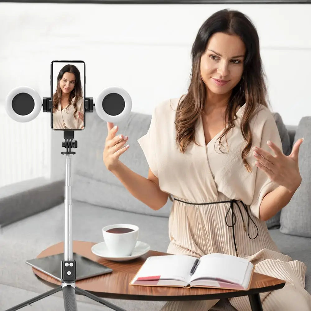 6 In 1 Selfie Stick Tripod With 2 Lights 67Inch Height Wireless Remote Phone Tripod Stick Cell Phone Holder Travel Phone Tripod