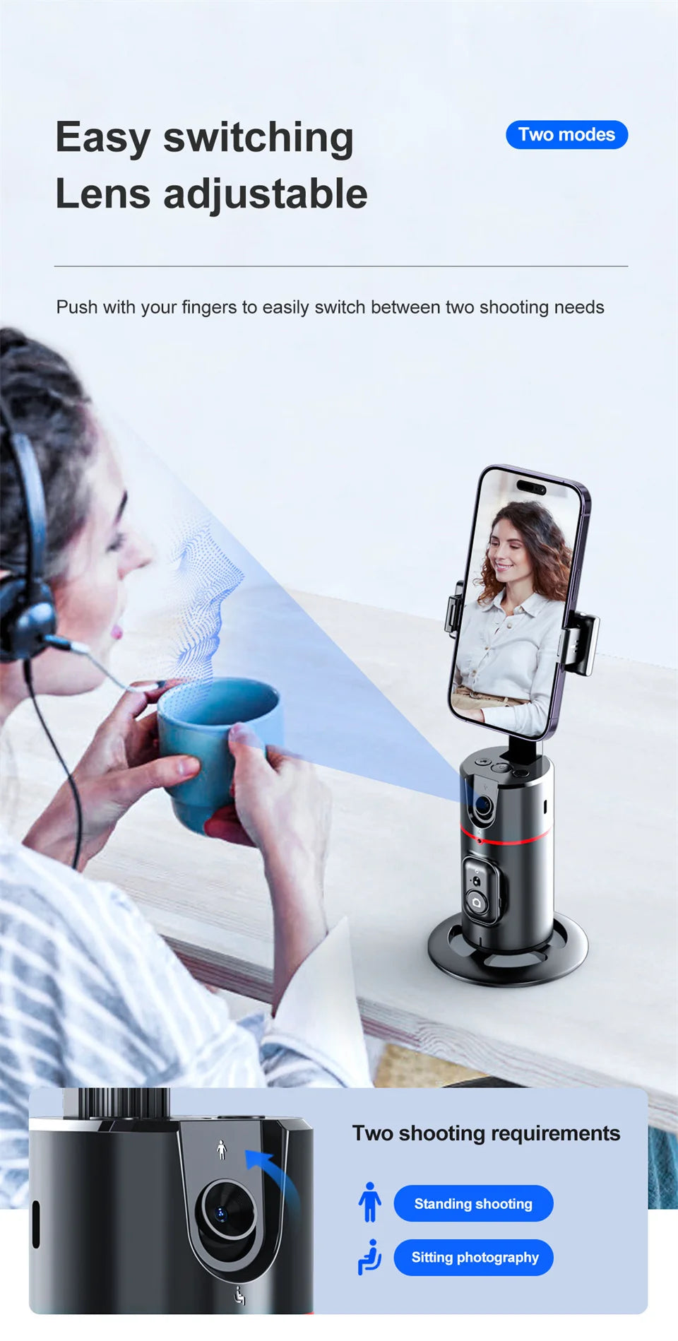 Face Tracking Gimbal tripod 360 Rotation 1.5M selfie stick and Light Stabilizer Selfie Desktop for Tiktok Smartphone