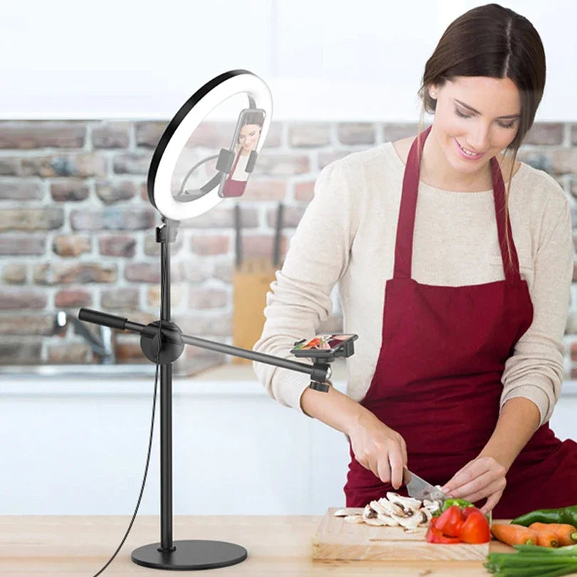 10" Selfie Ring Lights Overhead Desk Circle Tripod Adjustable Shooting Arm For Video Recording YouTube TikTok Live Streaming