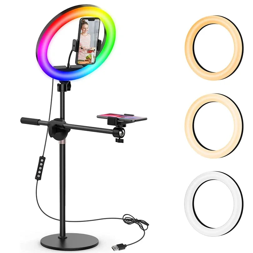 10" Selfie Ring Lights Overhead Desk Circle Tripod Adjustable Shooting Arm For Video Recording YouTube TikTok Live Streaming