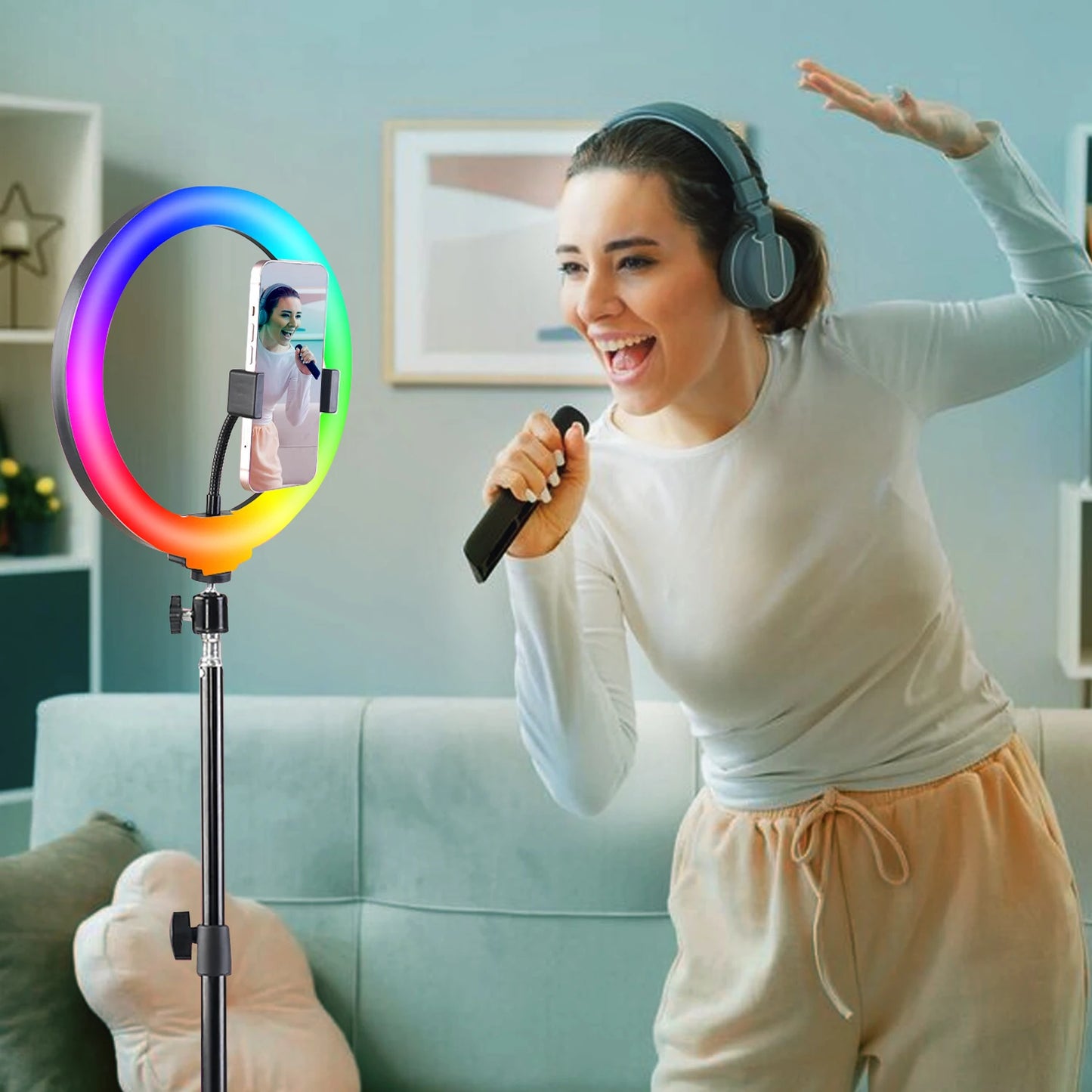 10 Inch RGB Ring Light, Color Temperature Dimmer Control, USB Power Supply, with Tripod and Phone Clip for Photo Selfie, Video