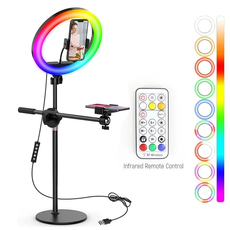 10" Selfie Ring Lights Overhead Desk Circle Tripod Adjustable Shooting Arm For Video Recording YouTube TikTok Live Streaming