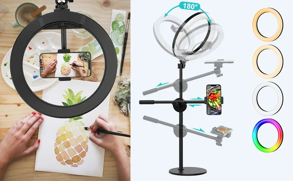 10" Selfie Ring Lights Overhead Desk Circle Tripod Adjustable Shooting Arm For Video Recording YouTube TikTok Live Streaming