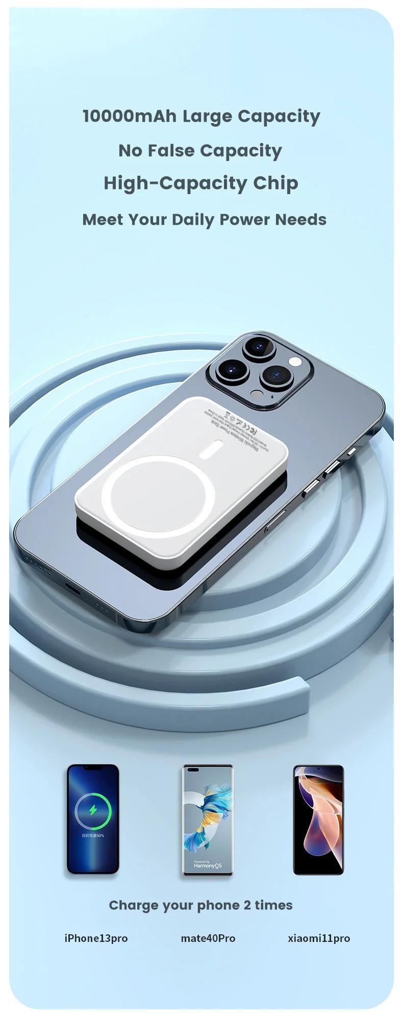 For MagSafe 5000/10000mAh magnetic wireless power bank, it is thin, light and portable, suitable for iPhone12-16 series fast cha