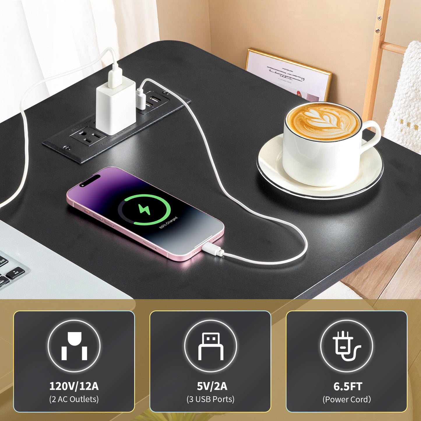 Adjustable Computer Desk with Charging Ports
