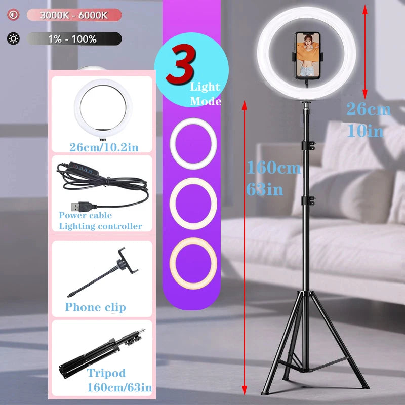 LED Selfie Ring Light with Tripod Stand – Dimmable Bi-Color 3200K-5600K
