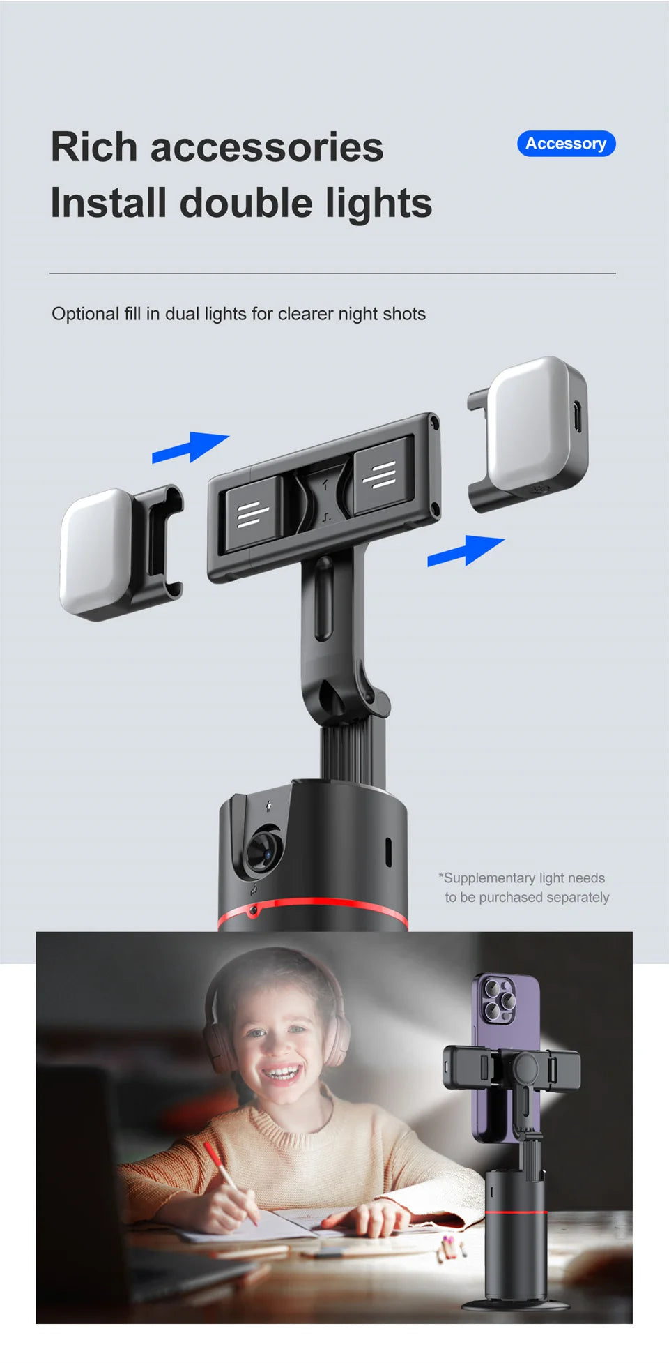 Face Tracking Gimbal tripod 360 Rotation 1.5M selfie stick and Light Stabilizer Selfie Desktop for Tiktok Smartphone