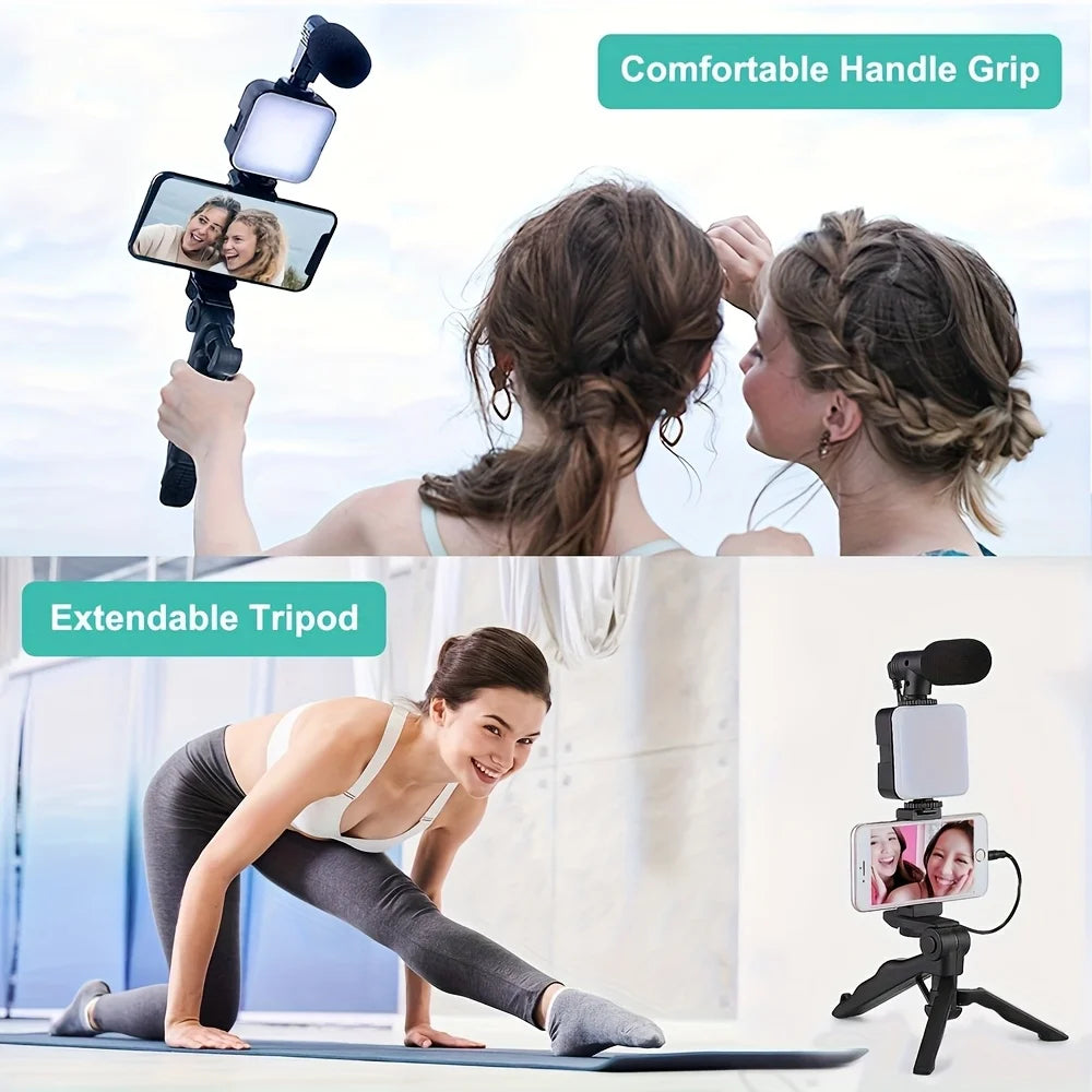 Smartphone Vlogging Kit LED Fill Light Tripod Stand Mini Microphone Set for TikTok Live Stream YouTube Video Recording
