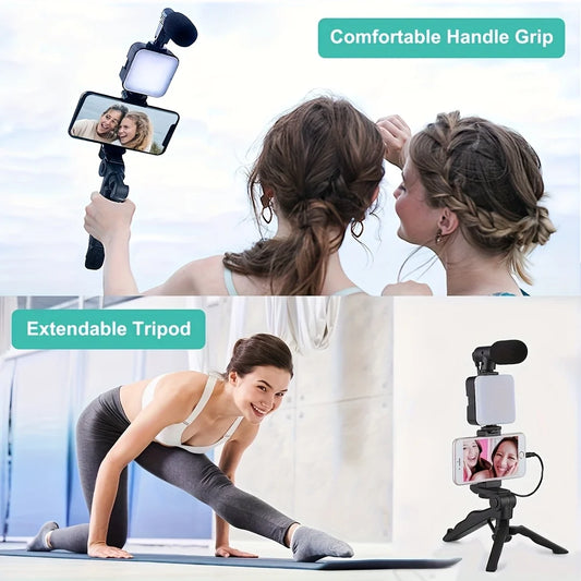 Smartphone Vlogging Kit LED Fill Light Tripod Stand Mini Microphone Set for TikTok Live Stream YouTube Video Recording