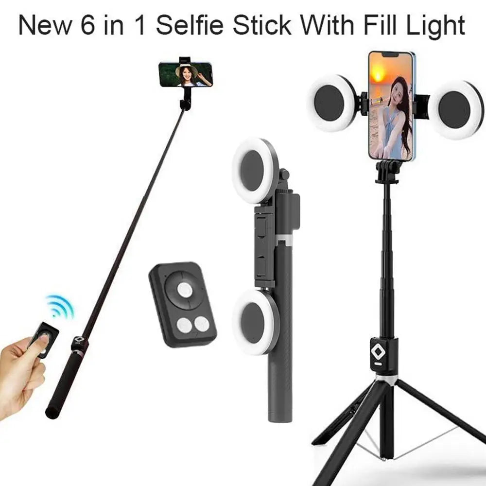 6 In 1 Selfie Stick Tripod With 2 Lights 67Inch Height Wireless Remote Phone Tripod Stick Cell Phone Holder Travel Phone Tripod