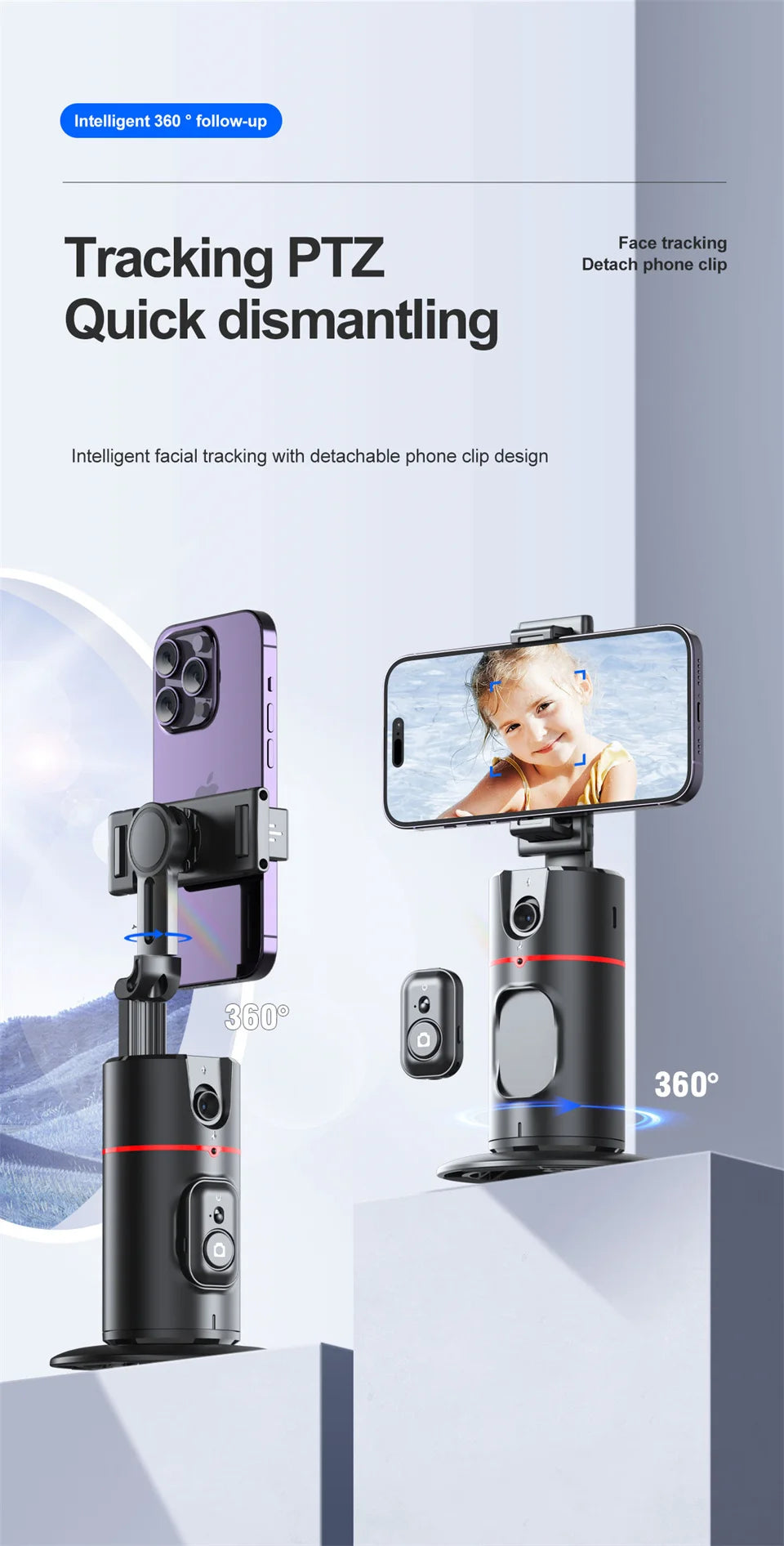 Face Tracking Gimbal tripod 360 Rotation 1.5M selfie stick and Light Stabilizer Selfie Desktop for Tiktok Smartphone