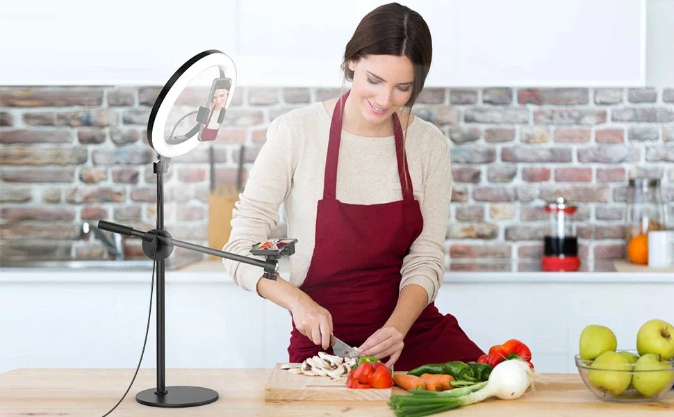 10" Selfie Ring Lights Overhead Desk Circle Tripod Adjustable Shooting Arm For Video Recording YouTube TikTok Live Streaming