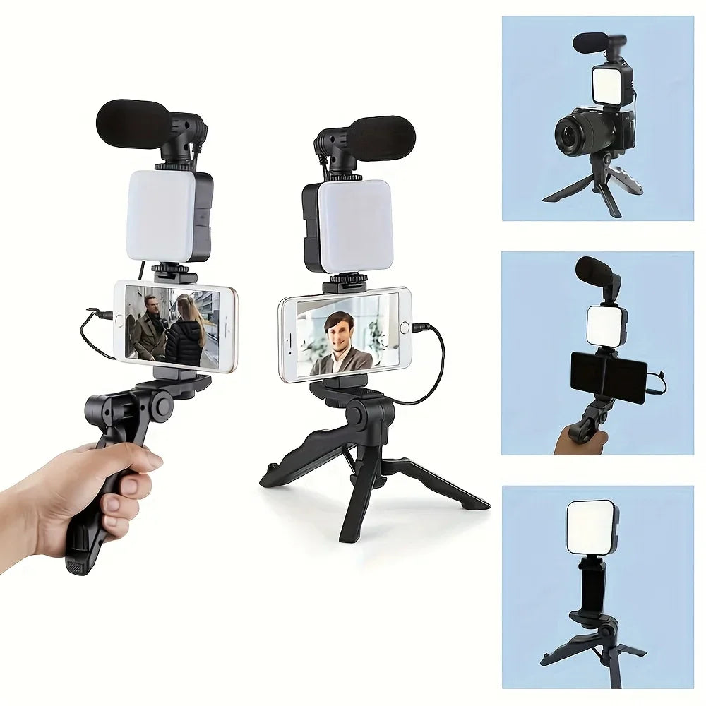 Smartphone Vlogging Kit LED Fill Light Tripod Stand Mini Microphone Set for TikTok Live Stream YouTube Video Recording