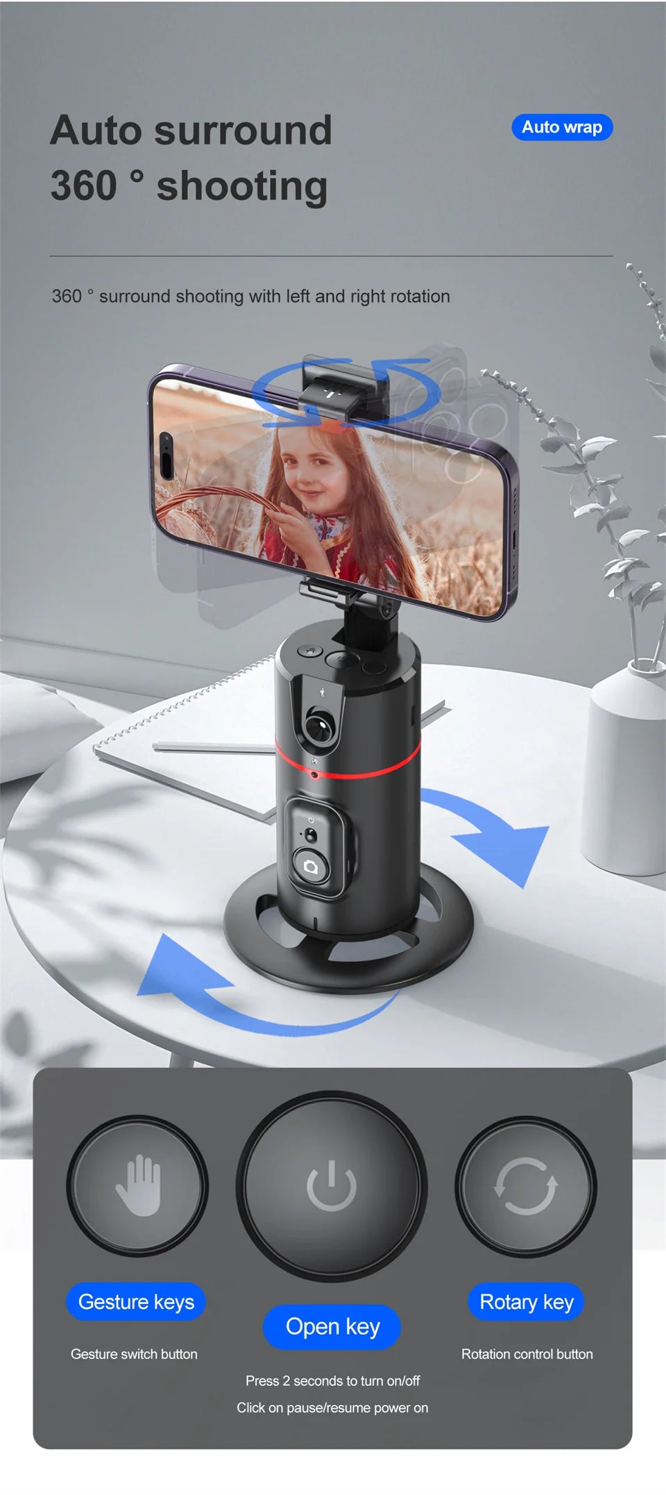 Face Tracking Gimbal tripod 360 Rotation 1.5M selfie stick and Light Stabilizer Selfie Desktop for Tiktok Smartphone