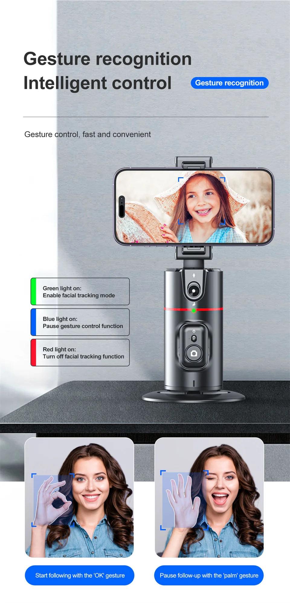 Face Tracking Gimbal tripod 360 Rotation 1.5M selfie stick and Light Stabilizer Selfie Desktop for Tiktok Smartphone