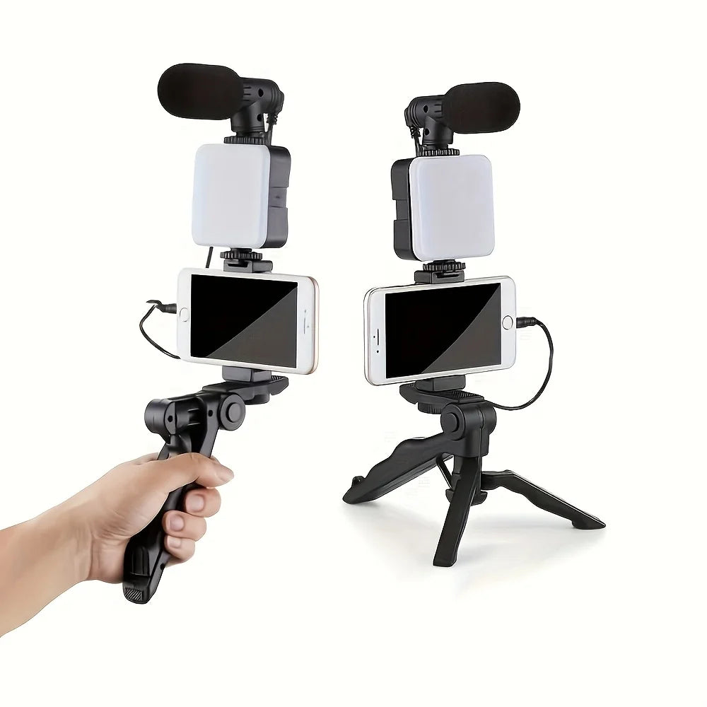 Smartphone Vlogging Kit LED Fill Light Tripod Stand Mini Microphone Set for TikTok Live Stream YouTube Video Recording