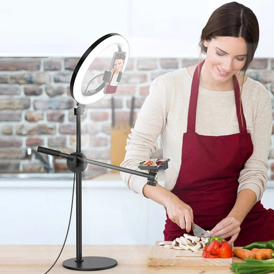 10" Selfie Ring Lights Overhead Desk Circle Tripod Adjustable Shooting Arm For Video Recording YouTube TikTok Live Streaming