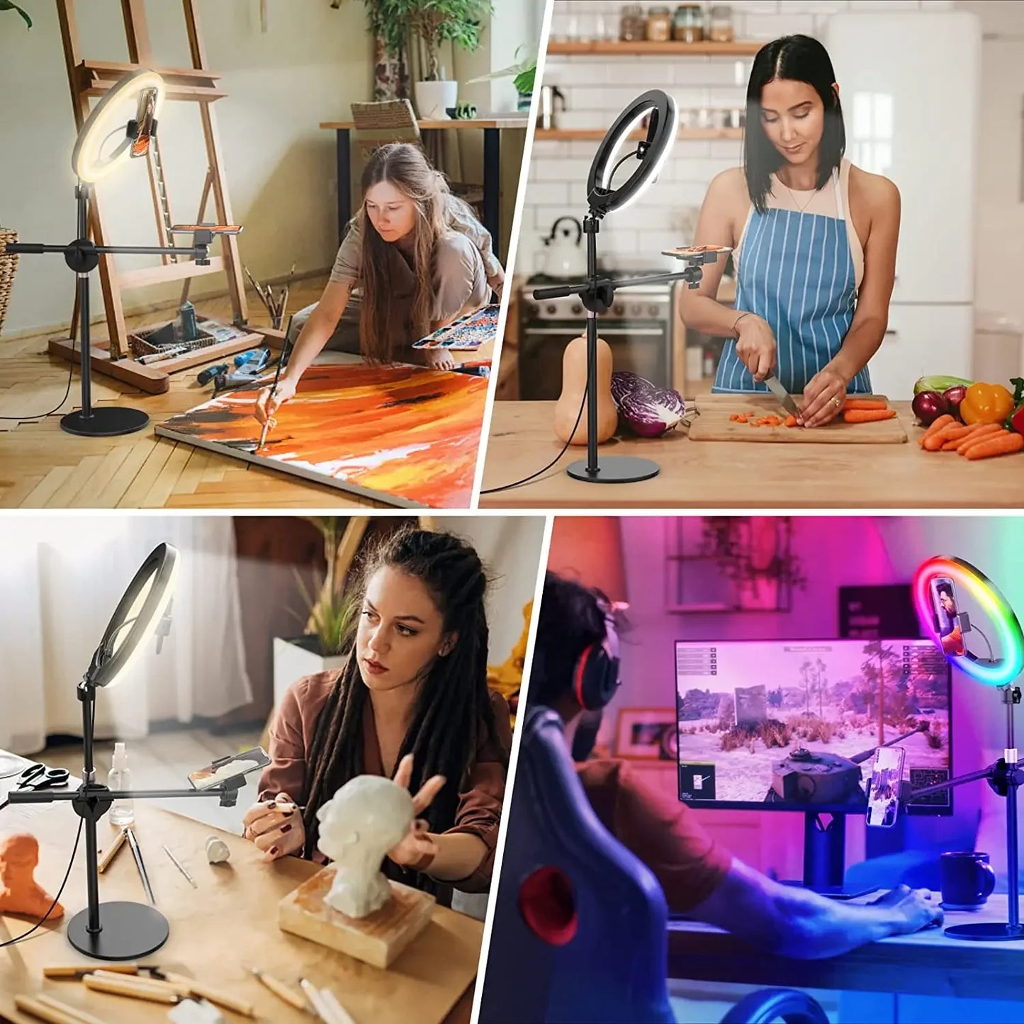 10" Selfie Ring Lights Overhead Desk Circle Tripod Adjustable Shooting Arm For Video Recording YouTube TikTok Live Streaming