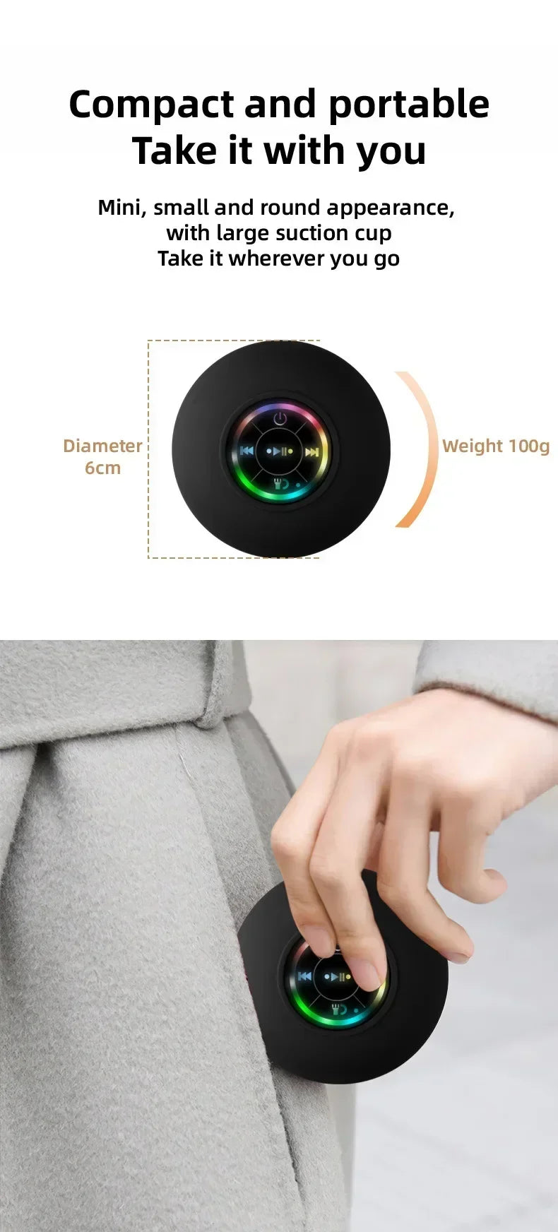 Waterproof Bluetooth Shower Speaker with LED Light