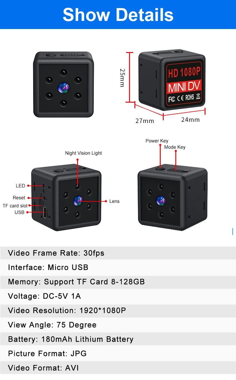 MD25 Micro Video  Record Camera 1080P HD Voice Comrecorders Mini Cam espia Infrared Night Vision Recording Clip Sports DV