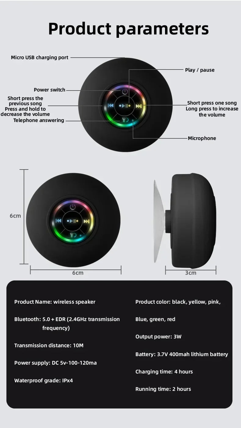 Waterproof Bluetooth Shower Speaker with LED Light