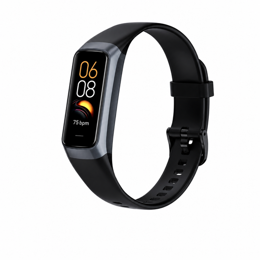Black AMOLED smart watch with heart rate and fitness tracking display